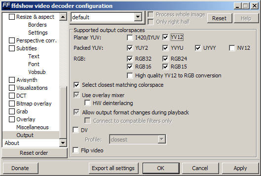 FFDShow YV12 Configuration