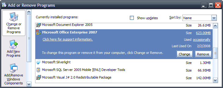 Add and Remove Programs - Office 2007