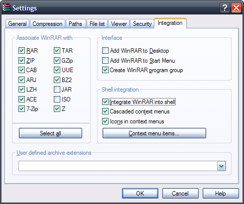 WinRAR Integration Settings